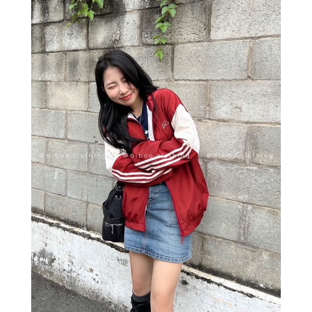 BIBOO - Áo khoác dù BIBOO phối sọc tay màu đỏ gạch - JACKET DÙ