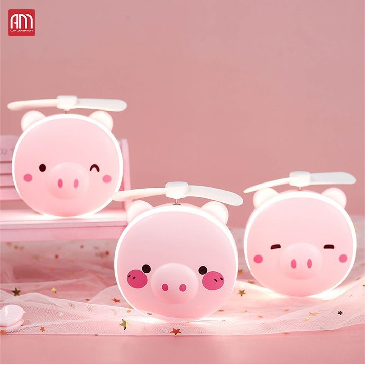 Quạt tích điện mini hình lợn có đèn led kèm quạt 3in1_Quạt kèm gương đèn