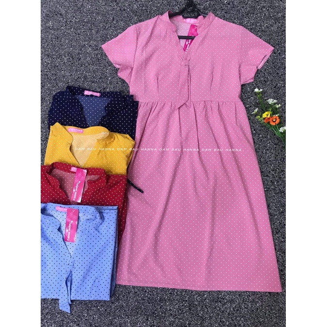 [HANNA] Đầm bầu công sở vải mát mùa hè không nhăn co dãn nhẹ thấm mồ hôi tốt free size 40-70kg dài tới gối có 2 túi bên