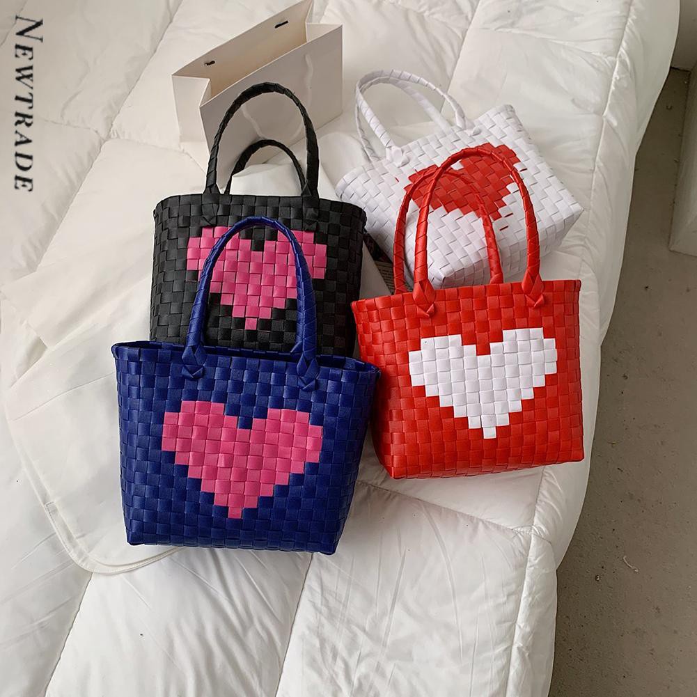 Women Heart Woven Contrast Color Handbag Top-handle Shopping Bag