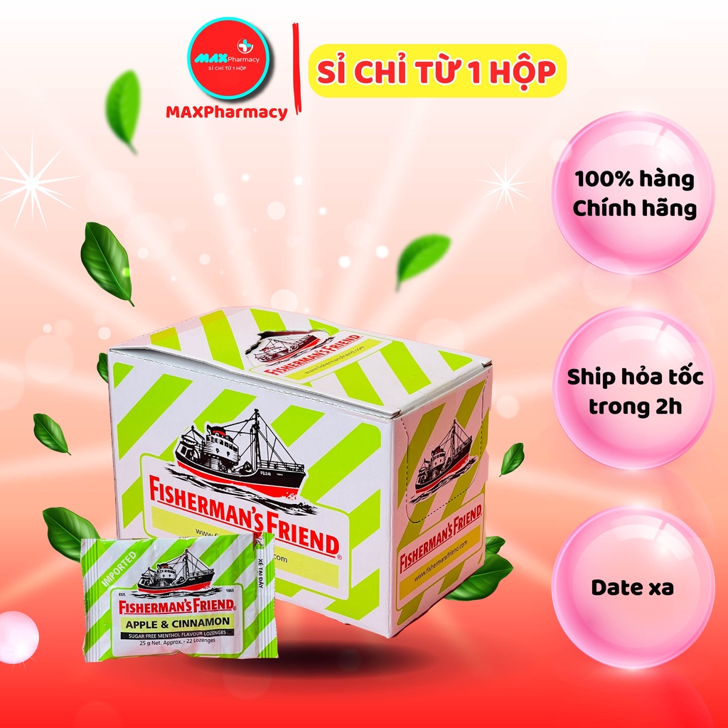HỘP 24 GÓI Kẹo Cay Con Tàu Không Đường Fisherman's Friend Apple & Cinnamon (Vị Táo & Quế) 25g