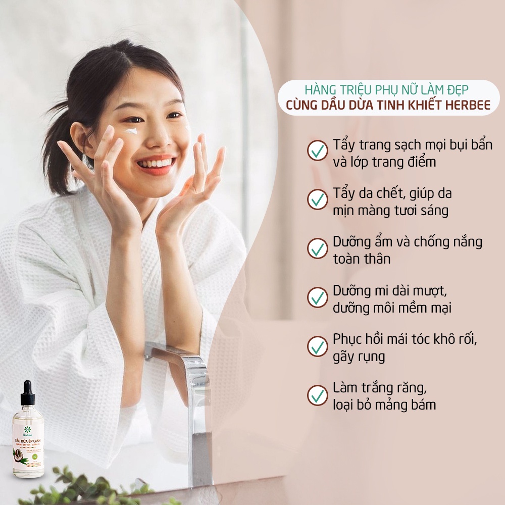 Dầu Dừa Ép Lạnh Herbee 100ml, Massage Cho Trẻ Sơ Sinh, Làm Mờ Vết Rạn Da, 100% Chiết Xuất Tự Nhiên