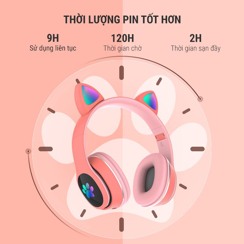 Tai nghe chụp tai Bluetooth mèo cute, headphone chân mèo không dây dễ thương, tai phone gaming có mic, đèn led siêu đẹp