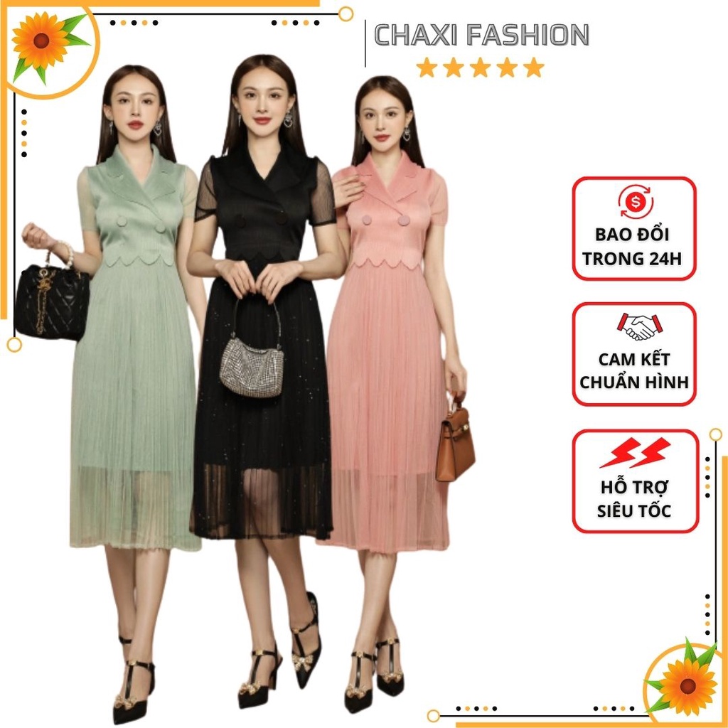 HÀNG NHẬP - ĐẦM XÒE LỤA DẬP LY DÁNG DÀI CỔ VEST GỢN SÓNG SIÊU SANG - KLCT196470