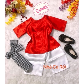 Set bà ba đỏ lụa hàng may thiết kế cho bé