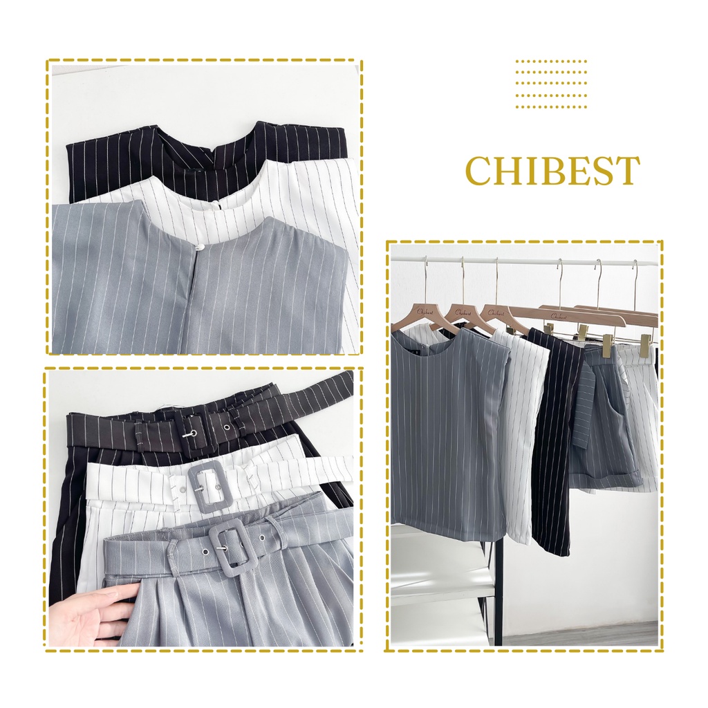 Set short kèm dây betl phối áo cổ tròn tay gấp line chất liệu bố phong cách hàn quốc CHIBEST HSB79