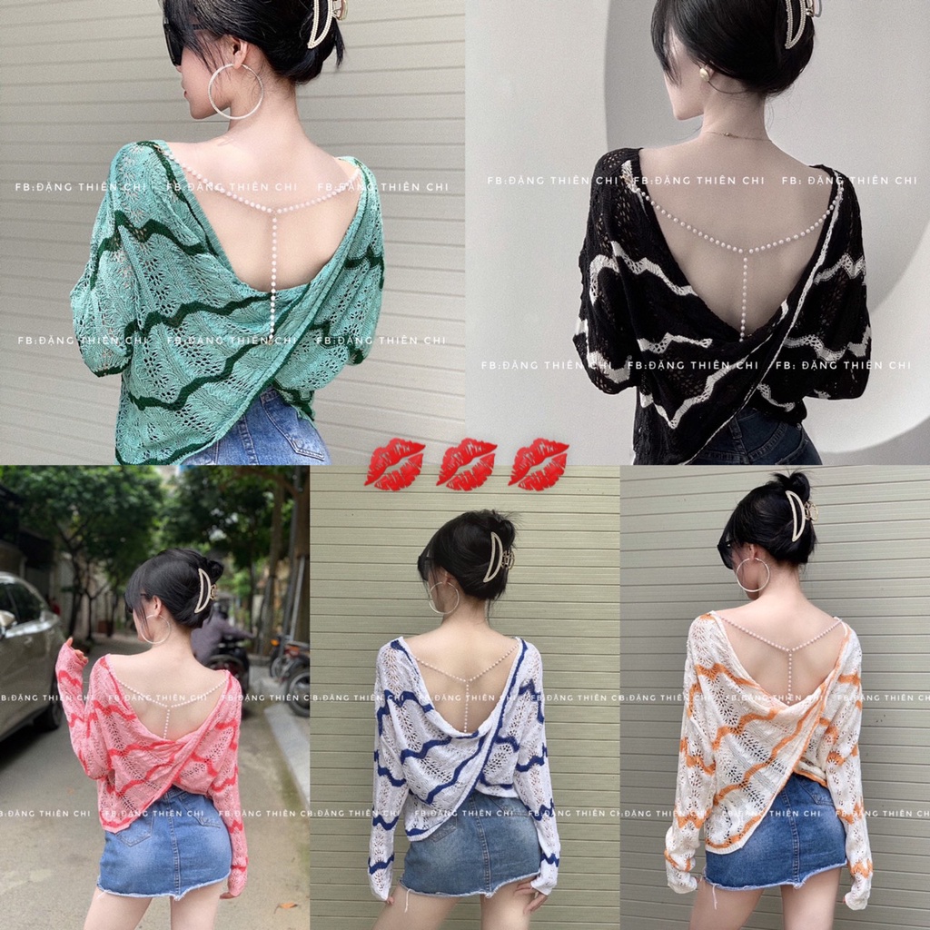 Áo len lưới xoắn lưng dây ngọc lượn sóng