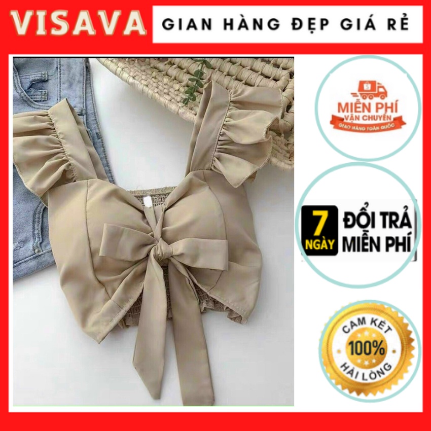 [ÁO KIỂU CÁNH TIÊN] Áo Croptop Voan Dây Phối Bèo - Nơ Ngực Nhều Màu Gợi Cảm - Visava.clothing