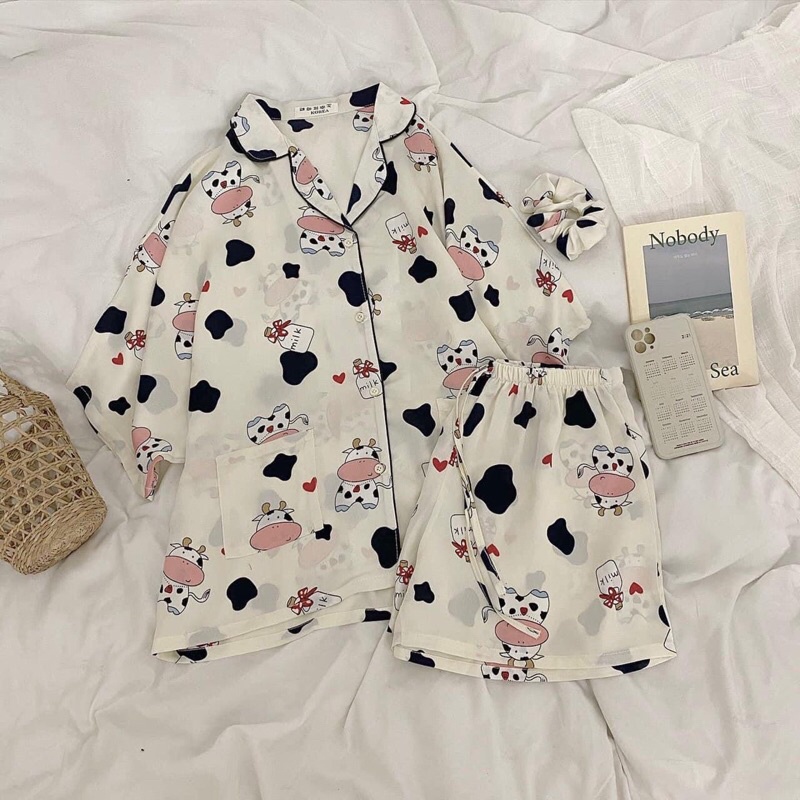 Bộ Pijama <FREESHIP> Bộ pijama hình cộc tay nữ tặng kèm dây buộc tóc scrunchies, bộ đồ mặc nhà siêu kute, bộ cộc nữ | BigBuy360 - bigbuy360.vn