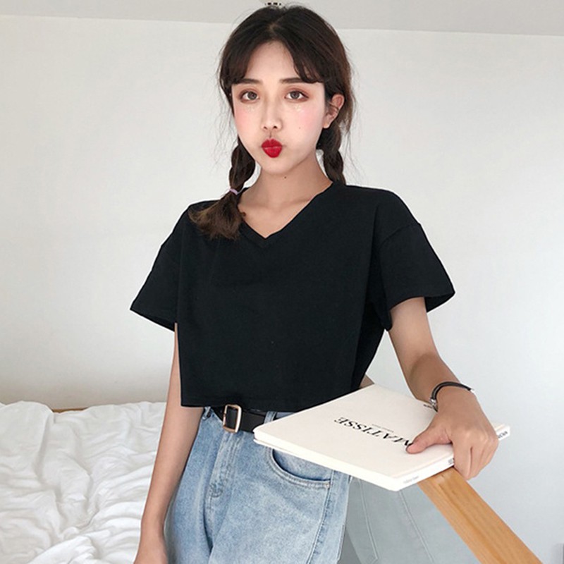 Áo thun nữ tay ngắn cổ chữ V kiểu dáng đơn giản