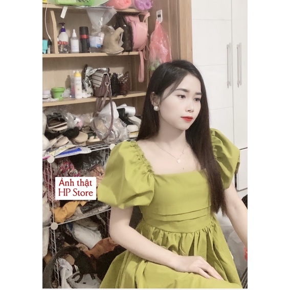 Váy thô cổ vuông tay bồng hở lưng nơ lưng form baby doll siêu đẹp