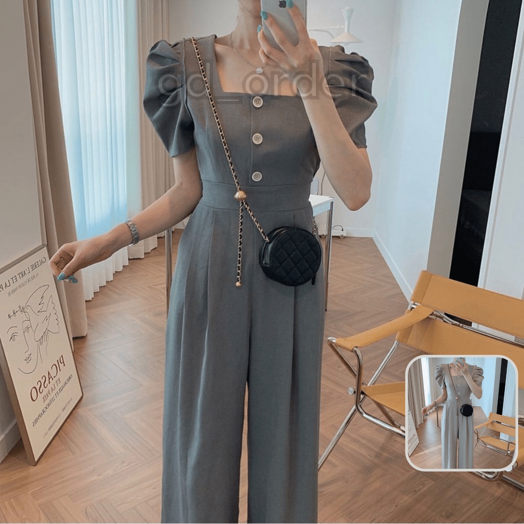 J3|Jumpsuit cổ vuông tay phồng ống rộng phong cách hàn quốc thanh lịch gd_order
