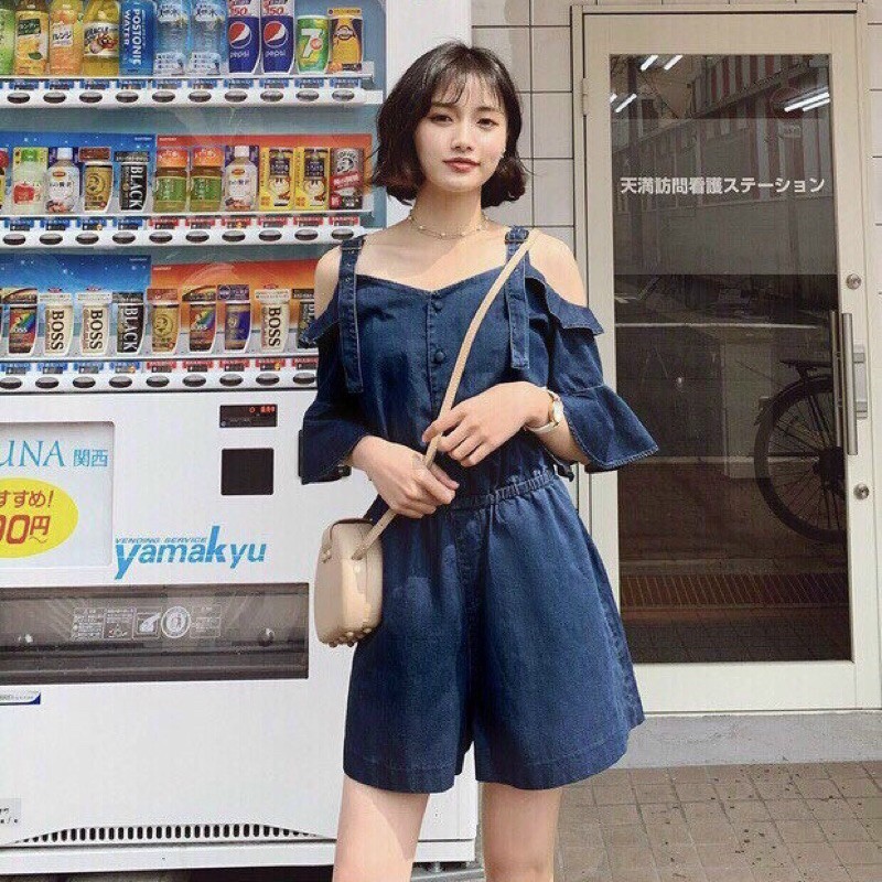 Jumpsuit short denim 2 dây trễ vai full.ML