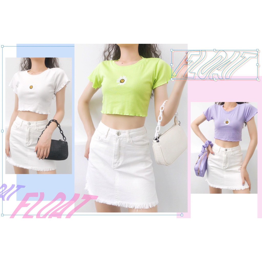[HÌNH THẬT] ÁO CROPTOP  THUN ÔM BODY CO GIÃN - ÁO KIỂU CRT ULZANG NGẮN TAY TRƠN BASIC THÊU HOA CÚC 180