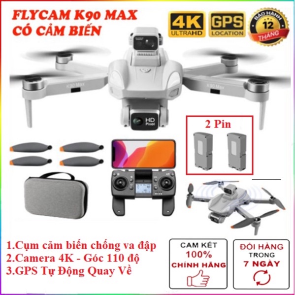 Có GPS &amp; Cảm biến vật thể Flycam K90 Max Cảm Biến Chống Va Chạm Bay 25 Phút, Bay Cao 1500m, Camera 4k Chống Rung