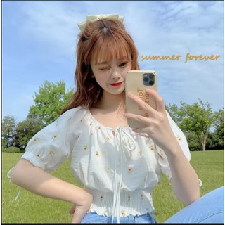Áo kiểu voan hoa nhí trễ vai bo eo thắt nơ ngực và tay hot trend hàn quốc dễ thương