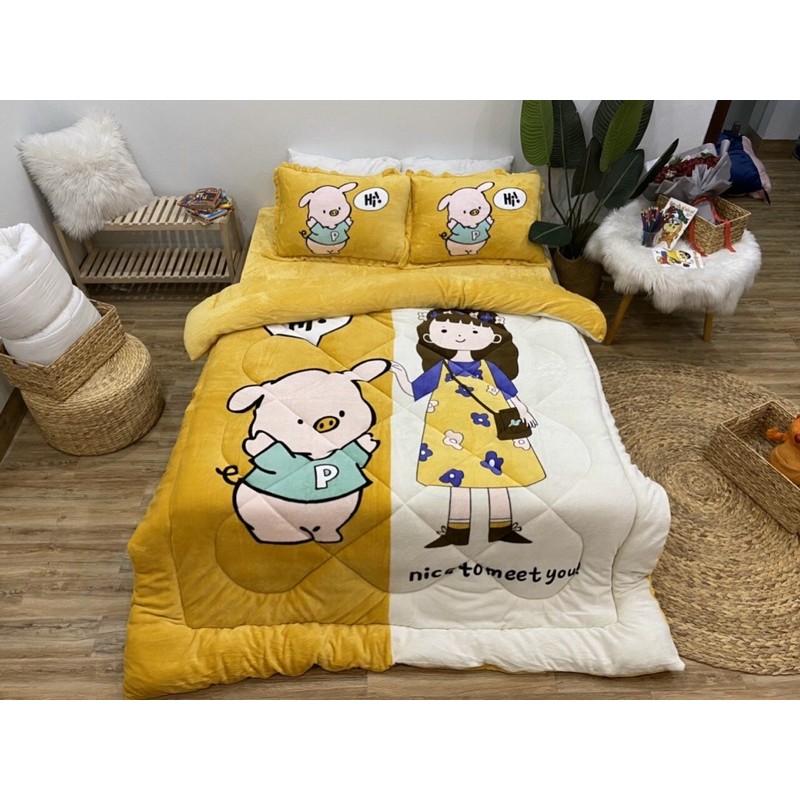 Sét bộ nỉ nhung 3D chăn thổi phao dày dặn cho mùa đông( miễn phí bo chun)