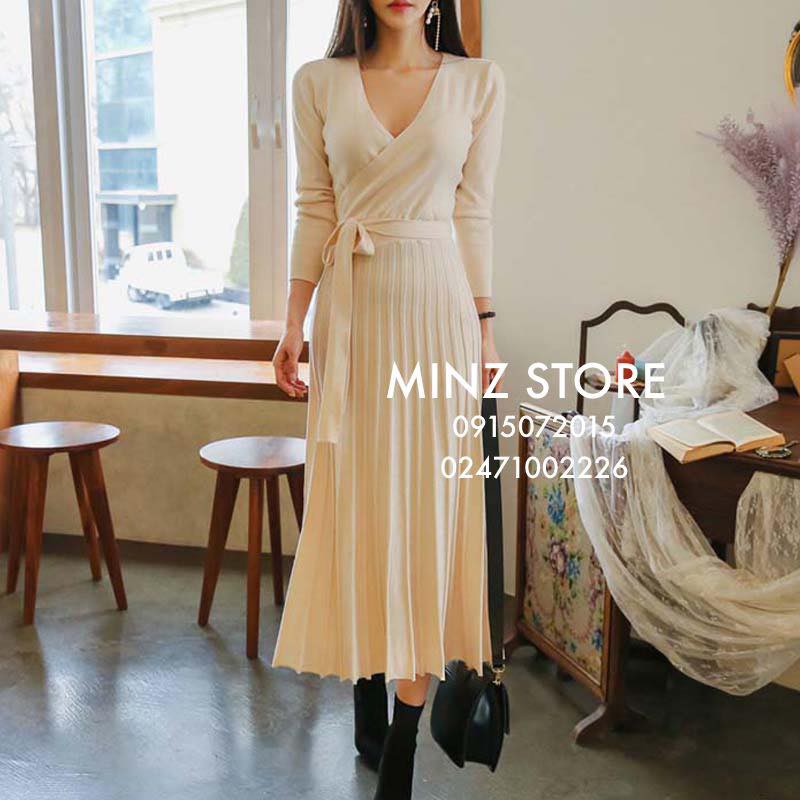 Váy len cổ tim chân dập ly buộc nơ #038 (4 màu)