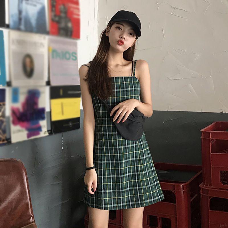 Đầm Nữ Hai Dây Ôm Dáng Họa Tiết Caro Phong Cách Hàn Quốc