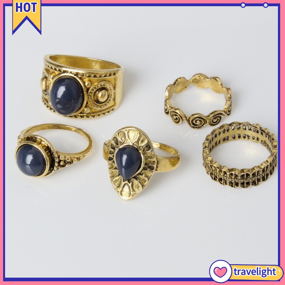 Set 5 Nhẫn Đính Đá Xanh Phong Cách Bohemian Cổ Điển Cho Nữ
