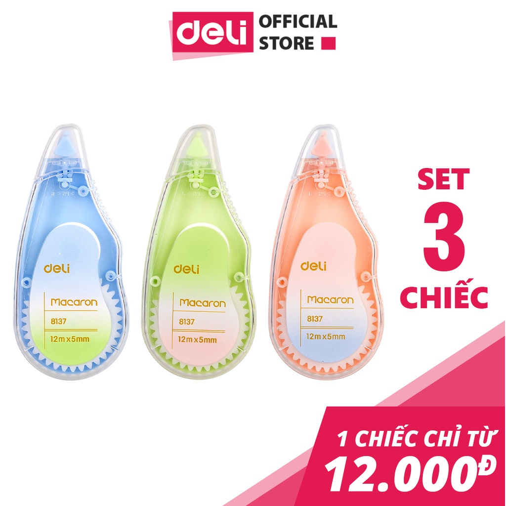 Bút xóa băng 12m Deli - Hình trái cây - Hồng/Xanh lá/Xanh dương - Set 3 chiếc - EH333