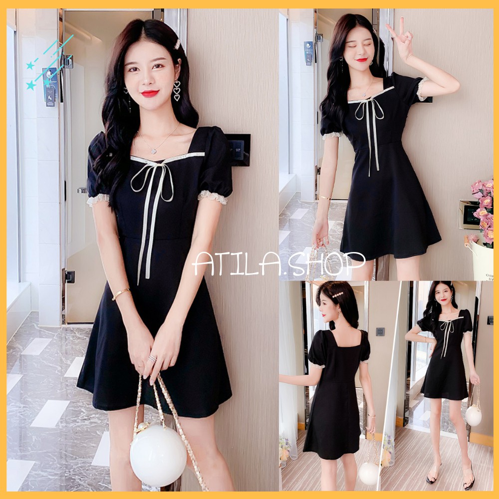 Váy nữ , váy đầm nữ thiết kế cổ vuông ngực thắt nơ , dáng váy ôm tay ngắn ATILA.SHOP