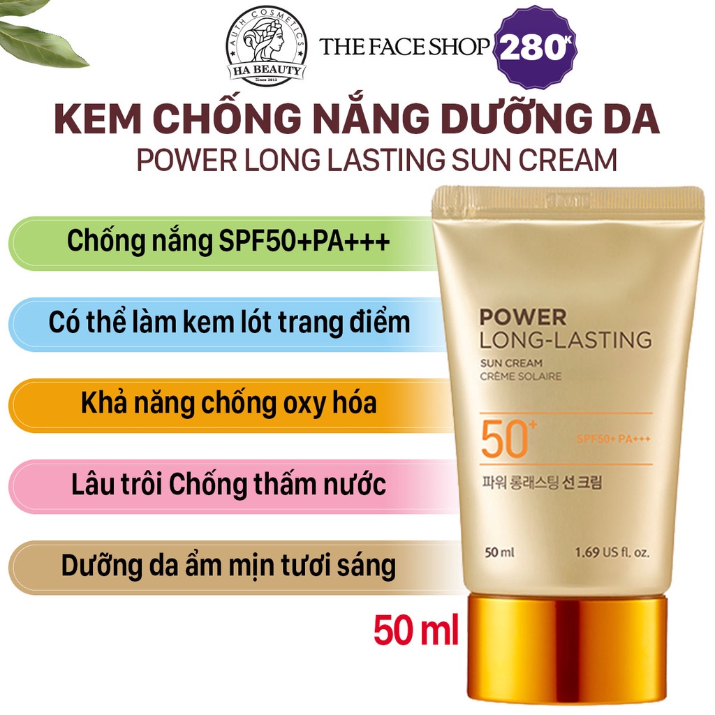 Kem chống nắng dưỡng da The Face Shop Hà Beauty trang điểm lâu trôi Natural Sun Eco Power Long Lasting SPF50+PA+++ 50ml