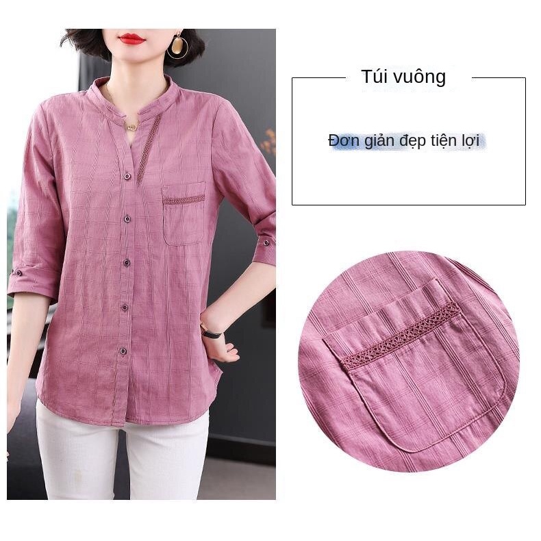 Áo sơ mi cotton tay lửng dáng rộng kẻ sọc caro thiết kế dành cho phụ nữ trung niên