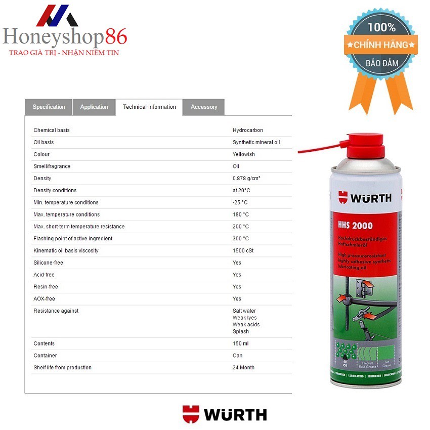 Mỡ Bò Nước Bôi Trơn Chịu Nhiệt Wurth HHS 2000 (500ml) 0893106. bôi trơn, chịu được rung động, chịu nhiệt- HONEYSHOP86