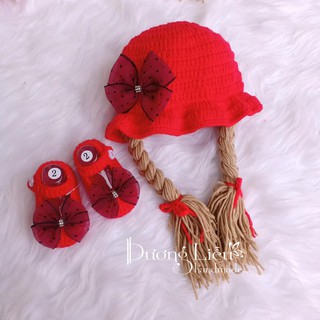 Set nón và giày len cho bé gái - Dương liễu handmade