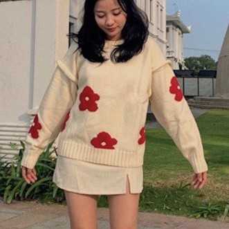 ÁO KHOÁC / SWEATER NỮ TAY DÀI CỔ TRÒN LEN THÊU HOA