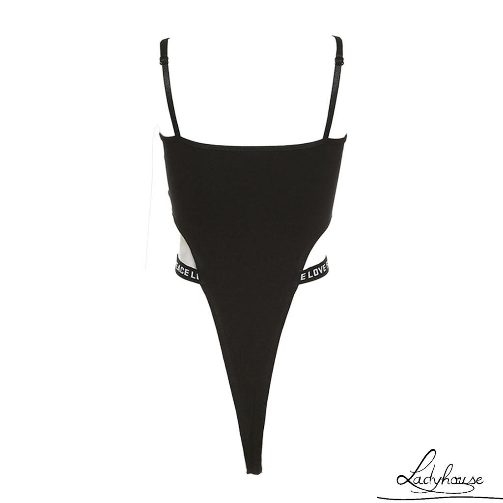 Bộ áo liền quần cổ chữ U không tay thêu chữ màu đen size S/M/L thời trang mùa hè