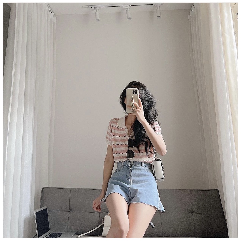 Áo len móc polo cổ V có tay Hàn Quốc 2022