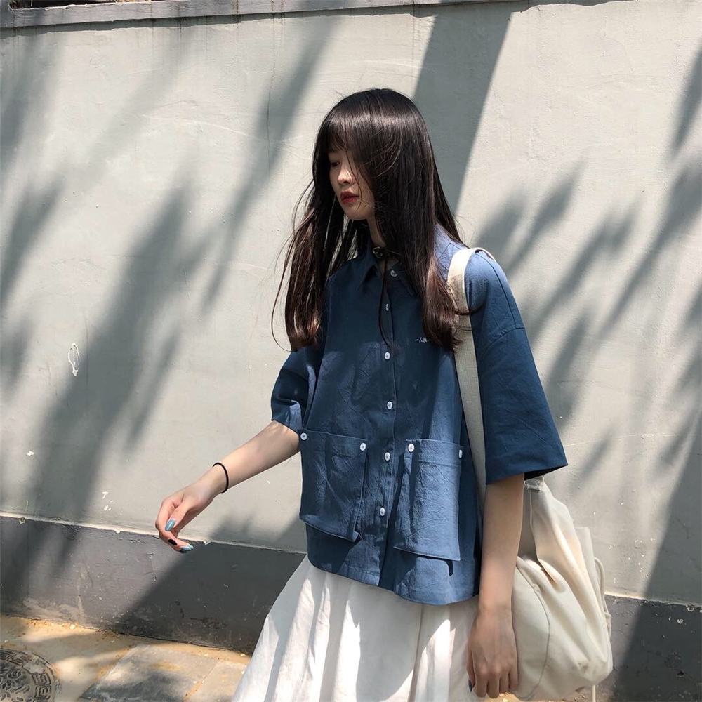 Áo Sơ Mi Ngắn Tay Màu Trơn Thời Trang Nữ Tính