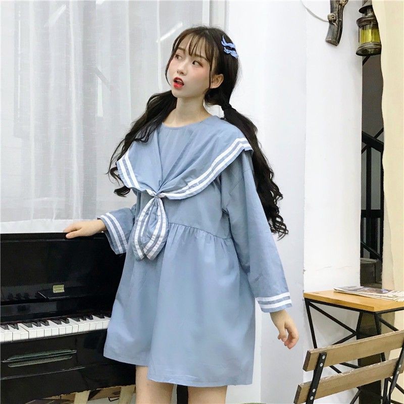 [ORDER] Váy babydoll thủy thủ tay dài mix viền sọc trắng   Hàng Quảng Châu