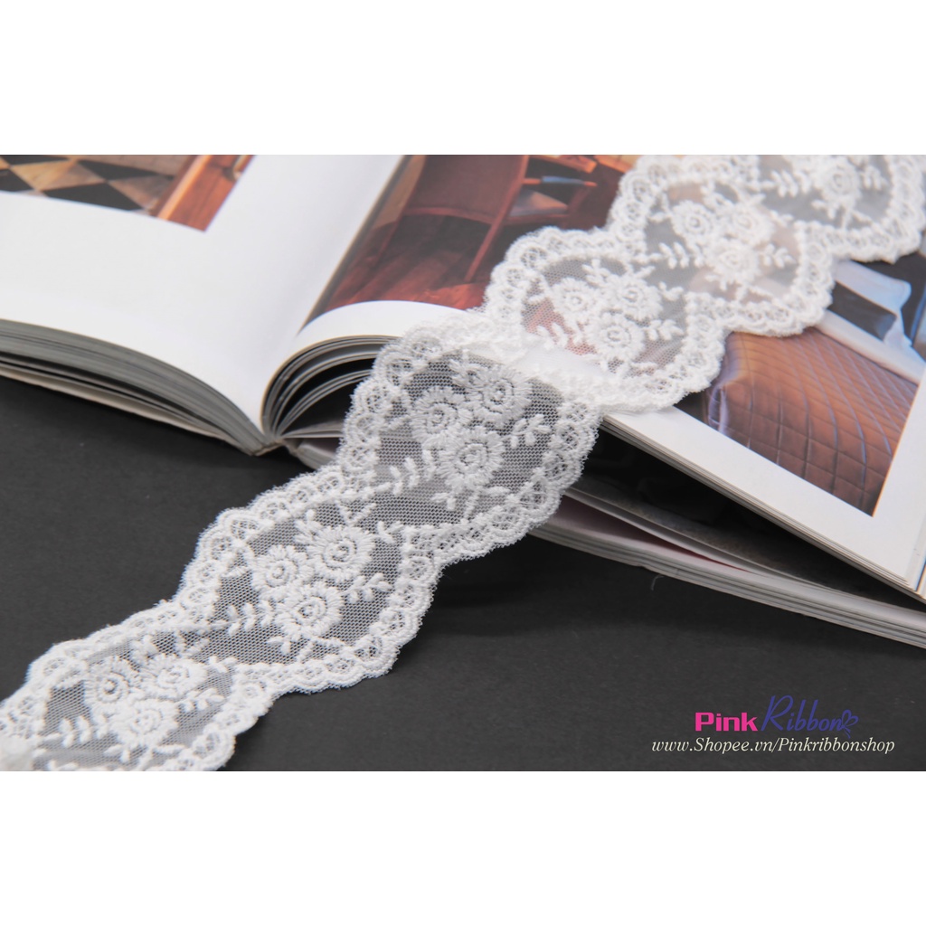 Ren trắng thêu hoa dày, bề rộng 6.5cm