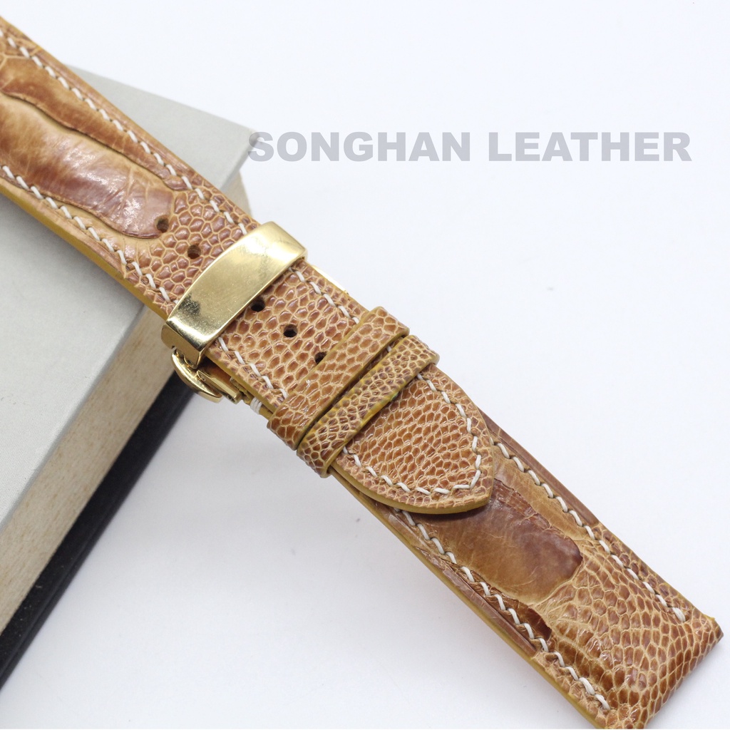 Dây Đồng Hồ Da Đà Điểu Gai To Gắn Chốt Thông Minh Songhan Leather WT09,Dây Da Khóa Bướm Gập Cao Cấp,BH 6 Tháng