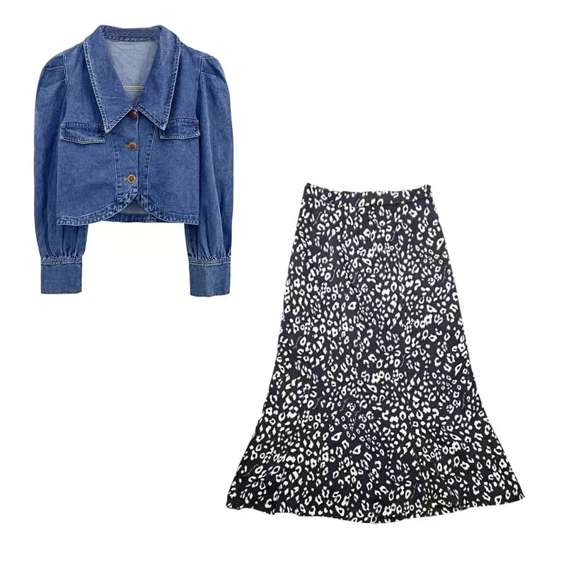 Set áo sơmi jeans croptop tay phồng+ chân váy hoa đen dài kèm feedback thật