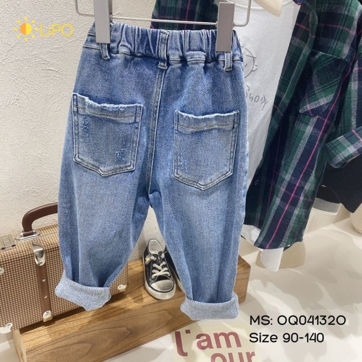 Quần Bò Baggy Cạp Chun 2 Cúc Trẻ Em Quần Jeans Xanh Cao Cấp Co Giãn Thời Trang Cho Bé Trai Bé Gái Đi Học Đi Chơi - OQ041