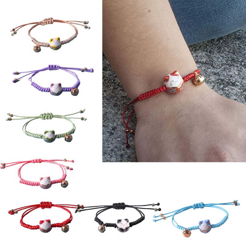 Vòng Tay Mặt Hình Mèo May Mắn Bằng Sứ Đỏ May Mắn Cho Tuổi Teen