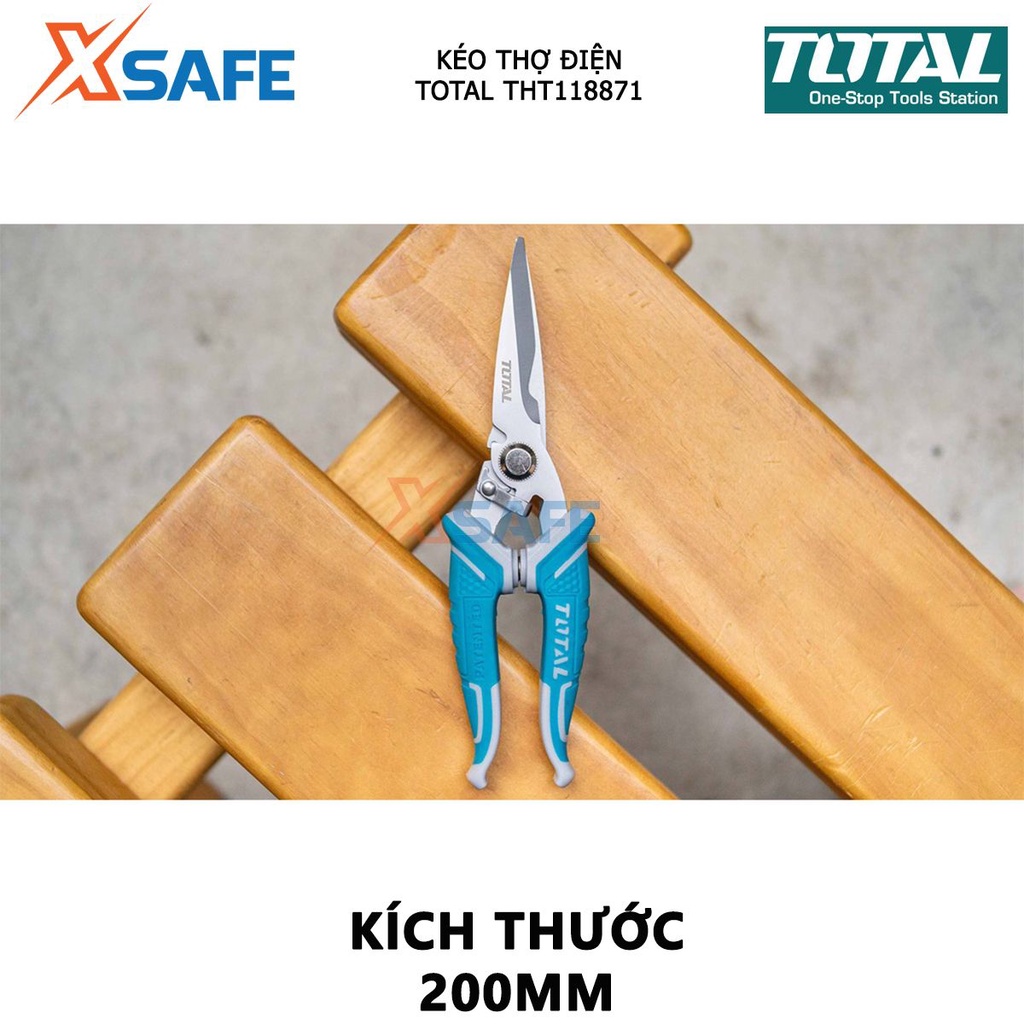 Kéo thợ điện TOTAL THT118871 | kéo mini cho thợ điện kích thước 200mm (8&quot;) chất liệu thép không gỉ lưỡi kéo có răng cắt