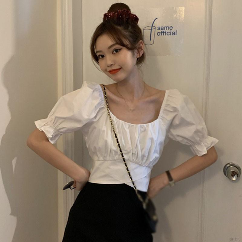  Áo kiểu cho nữ tay phồng ngắn xẻ cổ chữ U phong cách Hàn Quốc đáng yêu | BigBuy360 - bigbuy360.vn