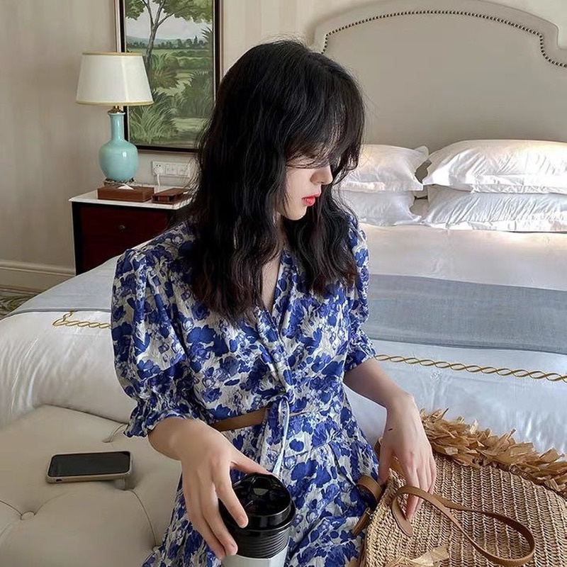 Đầm Tay Phồng Cổ Chữ V Thiết Kế Mới Thời Trang Mùa Hè Dành Cho Nữ