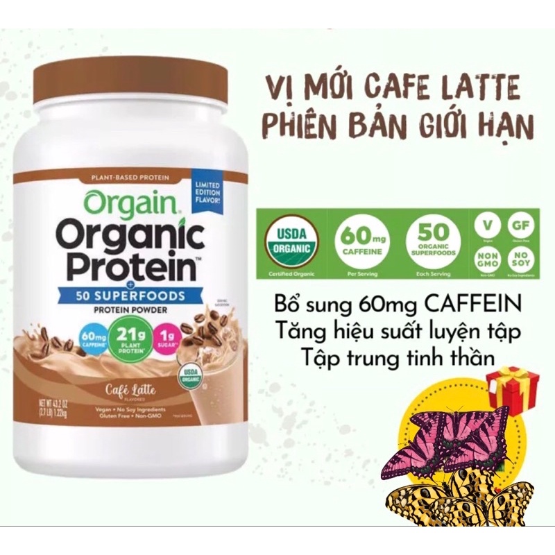 Bột Đạm Thực Vật Hữu cơ Mỹ ORGAIN Organic Protein &amp; Superfoods Protein Powder 1224g hương Vani, Café Latte &amp; Chocolate