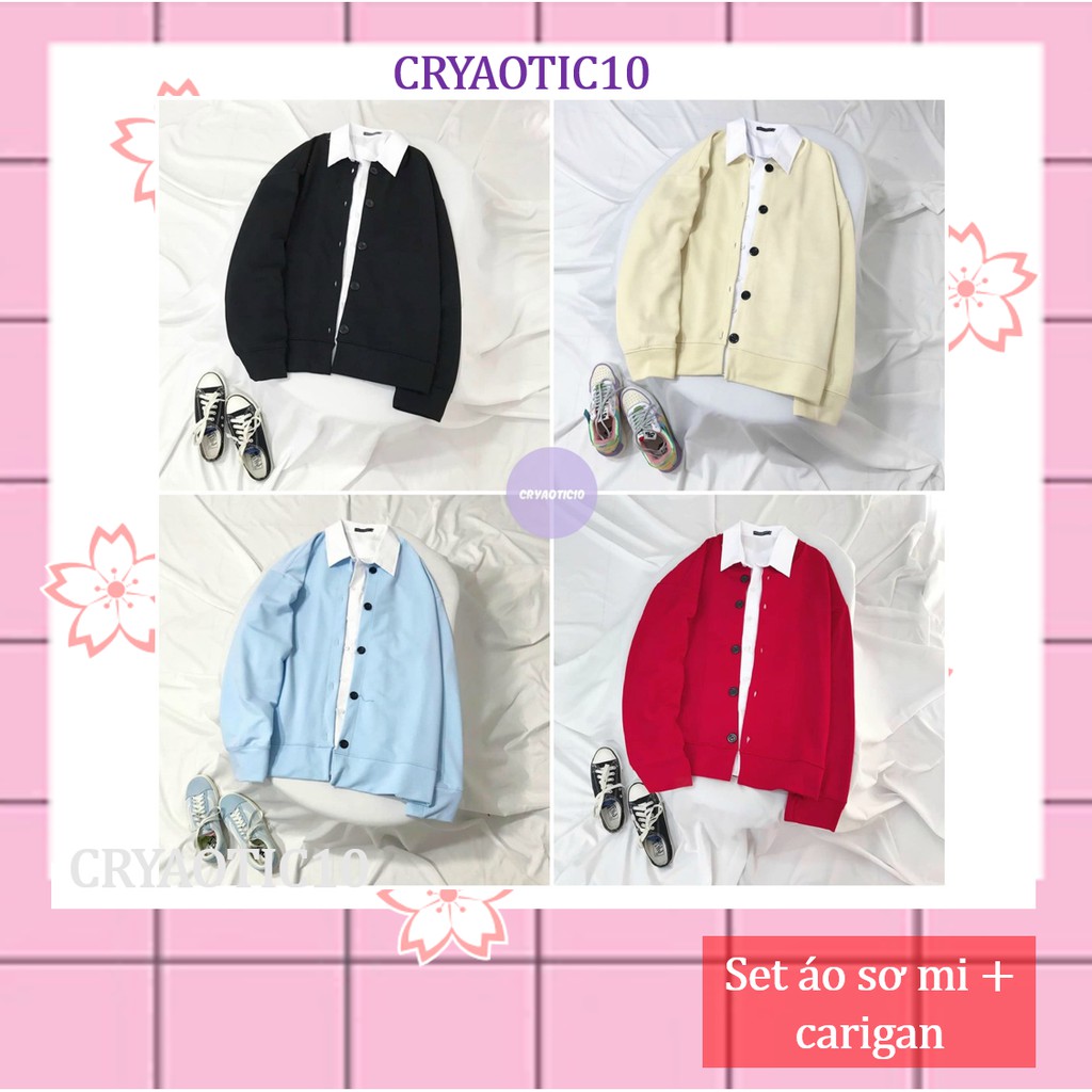 [2 ÁO] Combo set áo khoác cardigan nút tròn + áo sơ mi trắng dài tay unisex