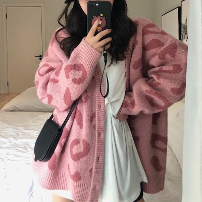 Áo khoác len cardigan cổ chữ V họa tiết da báo phong cách Hàn Quốc thời trang cho nữ