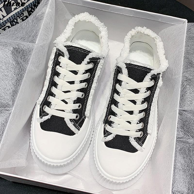 Women's shoes, single shoes, wild biscuit shoes, women's casual Korean style thick-soled lace-up canvas shoes