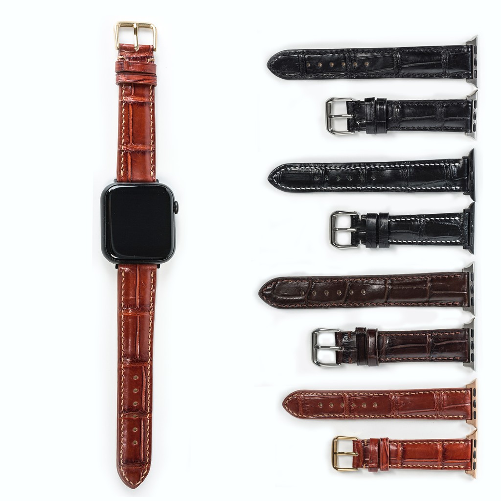 Dây đồng hồ Apple watch da cá sấu đốt tre-khâu tay thủ công D108 -Bụi Leather series 3 series 4 series 5