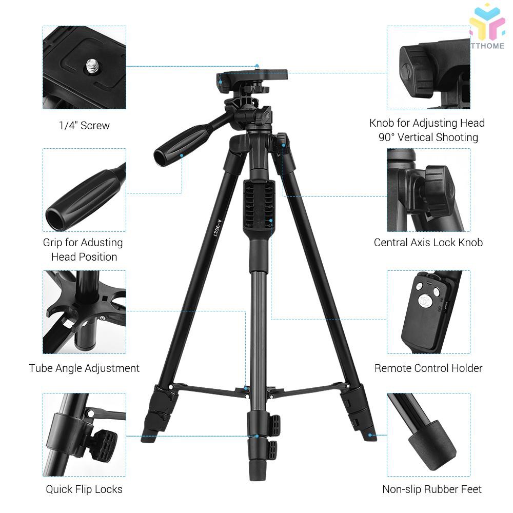 T&T 47-inch Lightweight Portable Travel Camera Tripod Stand Compact Aluminum Alloy with Smartphone Holder BT Remote Cont