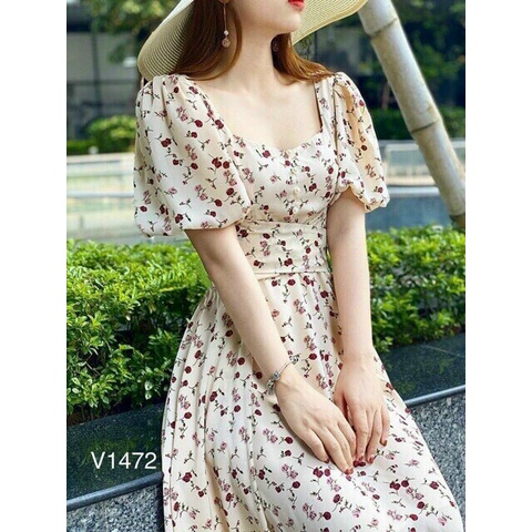 Đầm hoa tay búp cột nơ sau, đầm hoa dáng dài đính nút thắt dây eo phong cách hàn quốc, màu sắc thanh lịch, nhã nhặn